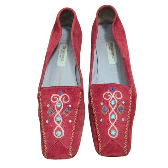 Bruno Magli Suede Embroidered Loafers Red Italy Square Toe Women’s Shoes Sze38.5 - Picture 2 of 12